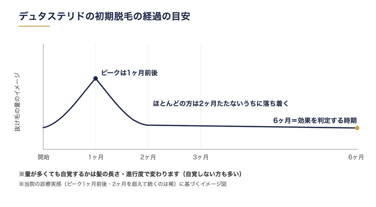デュタステリドの初期脱毛の経過：ピークは1ヶ月前後で、ほとんどの方は2ヶ月たたないうちに落ち着き、6ヶ月が効果判定の時期